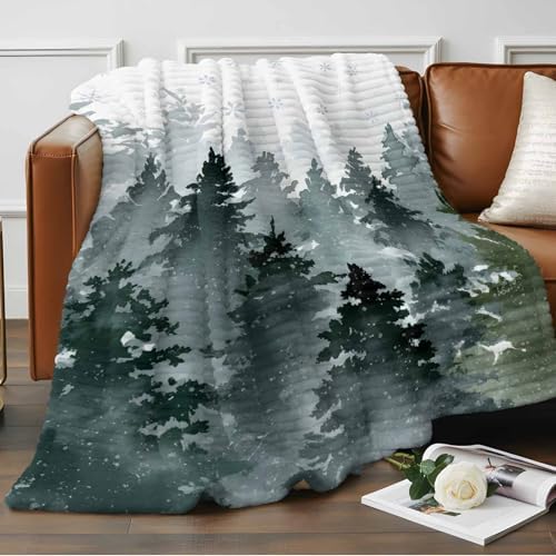 Christmas Throw Blanket, Winter Xmas Pine Trees Mountain Fluffy Soft Blankets for Couch Bed Travel, Snowflakes Plush Microfiber Striped Flannel Blankets, Lightweight Sofa Blankets 32"x48" - Image 2
