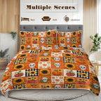 BlessLiving Fall King Size Quilt Set: Soft Microfiber Lightweight Skeleton Pumpkin Grid Pattern Quilt Set 3 Piece Autumn Bedspread Coverlet for Halloween Bedroom Living Room Decor - Image 3
