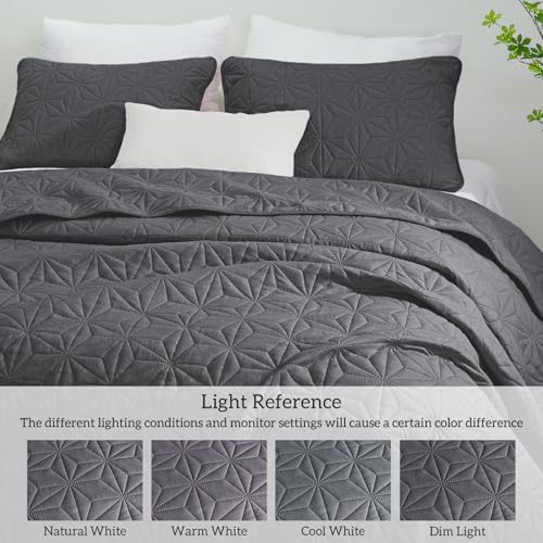 Whale Flotilla King Size Quilt Bedding Set, Soft Grey King Quilts Bedspreads for All Seasons, Lightweight Geometric Star Pattern Coverlets - 3 Pieces(1 Quilt, 2 Pillow Shams) - Image 5