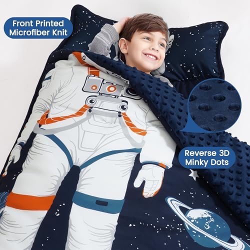 PHF Toddler Nap Mat with Removable Pillow and Minky Blanket, Rollup Design Kids Sleeping Mat, Slumber Bags for Boys, 50"x20" Toddler Sleeping Bag for Daycare Preschool Travel Camping, Astronaut - Image 2