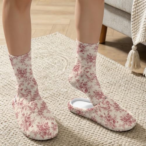 Toile de Jouy Fuzzy Slipper with Socks for Women Cozy Slipper Indoor - Image 3