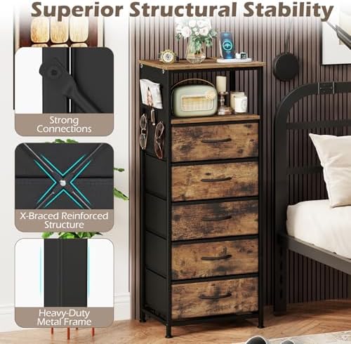 KOMFOTT Nightstand with Integrated Charging Station, 39" Tall Modern End Table with 5 Fabric Drawers, Side Pockets and Open Shelf, Bedside Table with 2 AC Outlets, USB and Type-C Ports for Bedroom - Image 7
