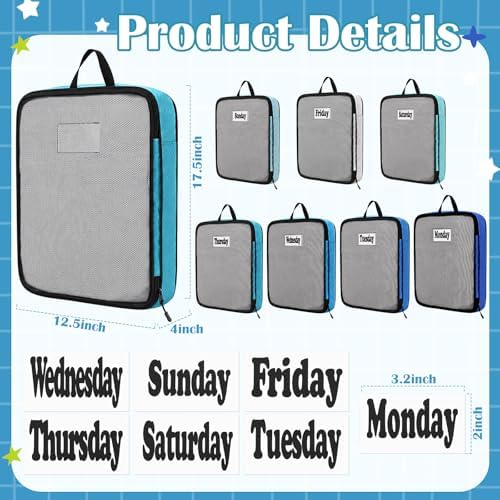 7 Pcs Packing Cubes for Travel Days of Week, Blue, L - Image 2