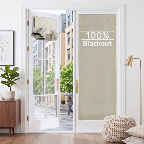 RYB HOME 2 Panels 100% Blackout French Door Curtains Set of 2 - W26 x L69, Natural - No Drill Door Window Curtains Thermal Insulated Privacy Assured Shades for Front Entrance by RYBHOME