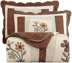 vctops 3 Piece Embroidered Floral Quilted Bedspread Quilt Set 100% Cotton Reversible Patchwork Coverlet Set 1 Quilt and 2 Pillow Shams (Coffee,King) by vctops