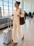 Lounge Sets for Women 2 Piece Outfits Henley Tops High Waisted Pants Set - Image 4