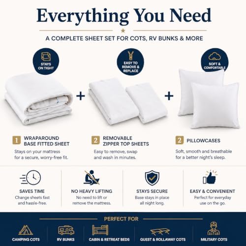 Zipper Cot Fitted Sheet Bundle, 33 x 75 Camping Cot Mattress Sheets, 400 Thread Count 100% Cotton, Includes 1 Wraparound Base, 2 Removable Zipper Top Sheets & 2 Pillowcases, 8 Inch Deep Pocket, White - Image 4