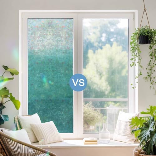 Teal Gray Ombre Window Privacy Film Rainbow Static Cling Stain Glass Window Film for Glass Door, Decorative Heat Blocking Sunroof Decal Sticker for Car 29.5"x78.7" Modern Abstract Art Striped Gradient - Image 5