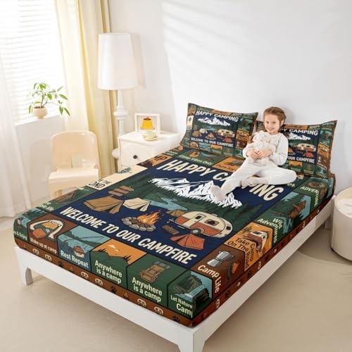 Erosebridal Camping Themed Queen Fitted Sheet, Outdoor RV Bunk Camper Bed Set for Kids Girls Boys, Forest Bear Rustic Mountain Bedding Sheets Set, Camping Lover Gifts Teen Adults Room Decor - Image 3