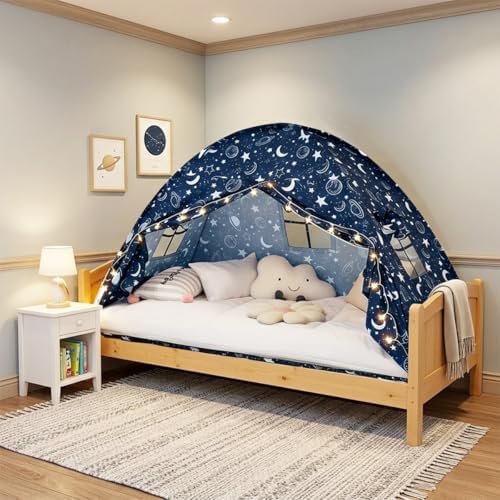 Akiky Bed Tent Bed Canopy Twin Size with Bottom,Kids Tent Indoor Floor with Lights Portable Foldable Bunk Curtains for Girls Boys (Galaxy, Twin) - Image 2