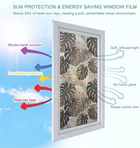 Palm Leaves Window Privacy Film Rainbow Static Cling Stain Glass Window Film for Glass Door, Decorative Heat Blocking Sunroof Decal Sticker for Car 29.5"x118" Farmhouse Botanical Tropical Plants Leaf - Image 4