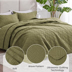 Love's cabin Quilts for Queen Bed Olive Green Bedspreads Bedding Set - Summer Lightweight Bedspread Comforter - Wave Pattern Bedding Coverlet for All Season - 3 Pieces (1 Quilt, 2 Pillow Shams) - Image 4