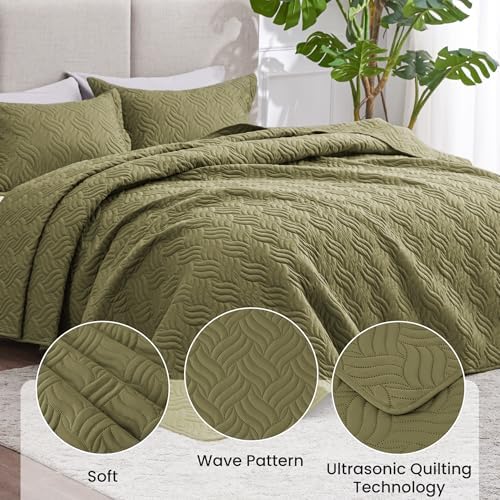 Love's cabin Quilts for Queen Bed Olive Green Bedspreads Bedding Set - Summer Lightweight Bedspread Comforter - Wave Pattern Bedding Coverlet for All Season - 3 Pieces (1 Quilt, 2 Pillow Shams) - Image 4
