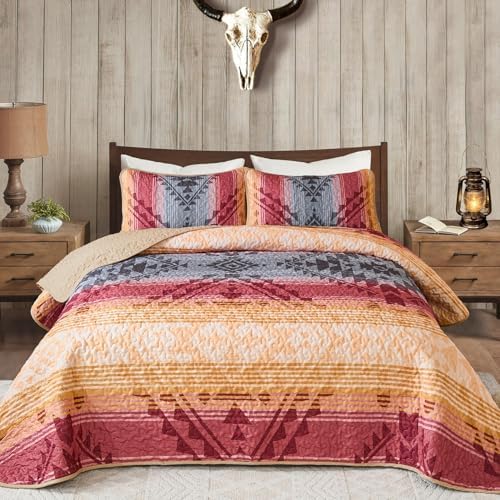 Dintszyayue Bohemian Quilt Set King, 3 Pcs Red Aztec Parttern Bedspread - Image 5