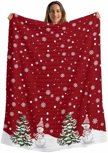 Christmas Snowman Throw Blanket, Winter Xmas Trees Fluffy Soft Blankets for Couch Bed Travel, Snowflakes Red Plush Microfiber Striped Flannel Blankets, Lightweight Sofa Blankets 40"x60" by Homechoid