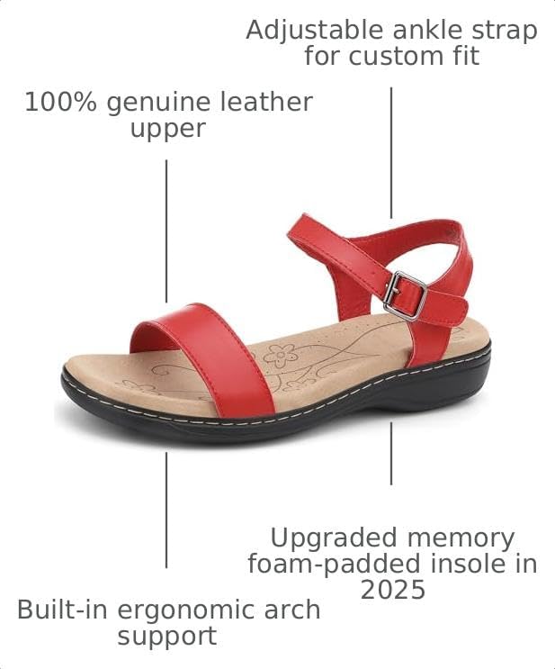 Women's Classic Flat Sandals Leather Open Toes Memory Foam One Band Ankle Strap Adjustable Slip On Shoes - Image 3