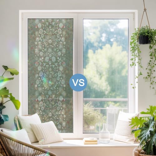 Japanese Window Privacy Film Rainbow Static Cling Stain Glass Window Film for Glass Door, Decorative Sunroof Decal Sticker for Car 23.6"x78.7" Grey Simple Traditional Flowers Leaves Pattern - Image 5