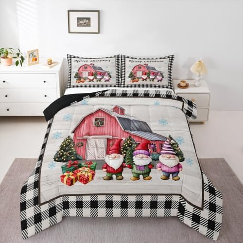 Christmas Gnomes Comforter Set Rustic Farmhouse Red House Xmas Bedding Sets King,Black White Buffalo Check Plaid Comforter For Kids Teen Adults New Year Gifts,Wooden Board Quilt Duvet 2 Pillowcases by Erosebridal