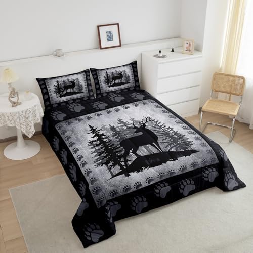 Rustic Deer Full Size Kids Comforter Set,Wild Animal Hunting Lodge Decor Bedding Comforters Bear Paw Print Bedroom Collection,Retro Farmhouse Pine Trees Grid Plaid Bedding Set for Boys Teens - Image 5