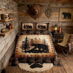 Castle Fairy Bear Print Full Size Comforter Set,Wild Animal Hunt Pine Trees Retro Bedding Comforters Bedroom Collection,Rustic Grid Plaid Cabin Decor Bedding Set for Girls Teens by CastleFairy