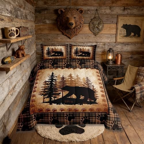 Castle Fairy Bear Print Full Size Comforter Set,Wild Animal Hunt Pine Trees Retro Bedding Comforters Bedroom Collection,Rustic Grid Plaid Cabin Decor Bedding Set for Girls Teens by CastleFairy