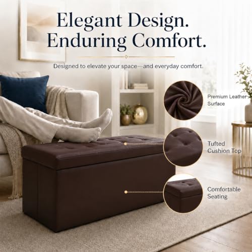 ALASDO 30 Inch Folding Storage Ottoman Bench with Hidden Storage, PU Leather Ottoman Foot Rest Stool, End of Bed Bench for Bedroom, Living Room, Entryway and Closet, Brown - Image 2