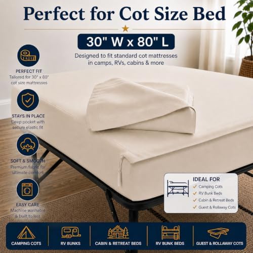 Zipper Cot Fitted Sheet Bundle, 30 x 80 Camping Cot Mattress Sheets, 400 Thread Count 100% Cotton, Includes 1 Wraparound Base, 2 Removable Zipper Top Sheets & 2 Pillowcases, 8 Inch Deep Pocket, Ivory - Image 2