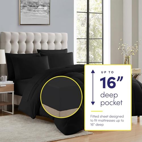 Sweet Home Collection 7 Piece Comforter Set Bag Solid Color All Season Soft Down Alternative Blanket & Luxurious Microfiber Bed Sheets, Black, Queen - Image 2