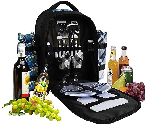 Picnic Backpack, 2-Person, Blanket & Wine, Family & Lovers Gift, Blue Plaid - Image 6
