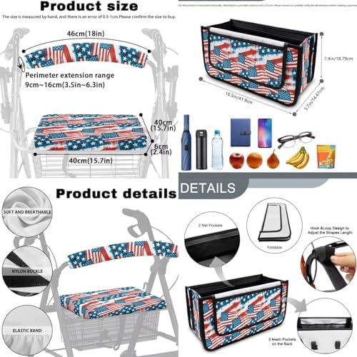LedBack American Flag 3 Pcs Sets Rollator Walker Accessories Lightweight Rollator Walker Seat & Backrest Covers, Rollator Storage Basket for 4th of July - Image 6