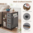 Giantex Industrial Nightstand Set 2 with Charging Station, End Side Table w/3 Fabric Drawers, Side Storage Pockets, Open Shelves, Metal Frame, Rustic Bedside Table Night Stand for Bedroom Entryway (2) - Image 7