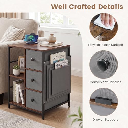 Giantex Industrial Nightstand Set 2 with Charging Station, End Side Table w/3 Fabric Drawers, Side Storage Pockets, Open Shelves, Metal Frame, Rustic Bedside Table Night Stand for Bedroom Entryway (2) - Image 7