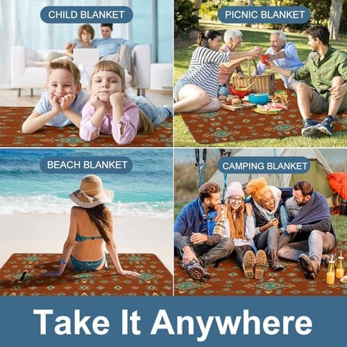 Family Outdoor Waterproof Picnic Blankets Red Western Southwest Santa Tribal Native Desert Portable Foldable Beach Blanket Sandproof Sand Mat - Image 5