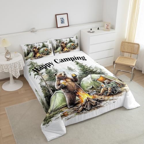 Erosebridal Happy Camping Toddler Bedding Set,RV Camper Comforter Sets for Travel Trailer Bunk,Forest Bear Quilt Bed Set for Boys Girls,Rustic Farmhouse Bedroom Decor,1 Pillowcase Breathable - Image 4