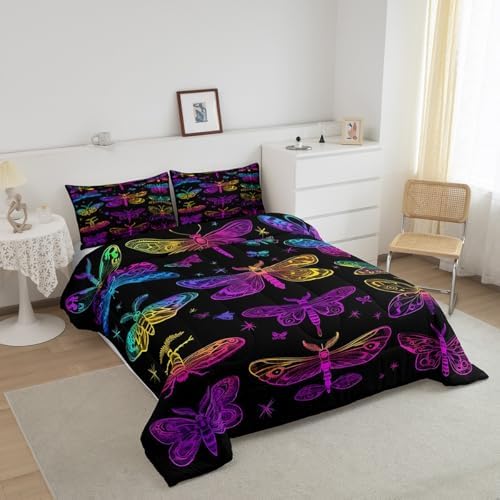 Butterfly Bedding Set, Trippy Ombre Dragonfly Comforter Set for Kids Girls Teens, Gradient Rainbow Butterflies Bedding Comforter Sets, Psychedelic Colorful Moth Quilt Halloween Bedroom Decor, Queen - Image 3