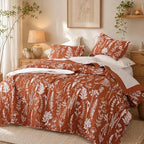 JANZAA Quilt King Size, Terracotta Quilt Bedspread Floral Bedding Set 3 Pcs by JANZAA