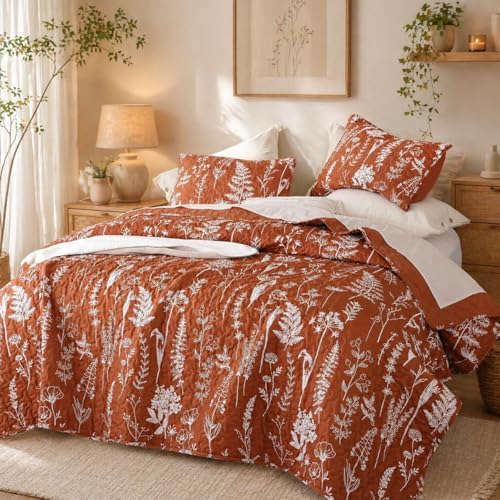 JANZAA Quilt King Size, Terracotta Quilt Bedspread Floral Bedding Set 3 Pcs by JANZAA