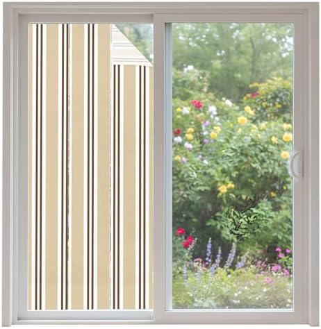 Window Privacy Film Frosted, Beige Striped Non-Adhesive Static Cling Window Tint, Modern Farmhouse Vertical Stripes Insulated Windows Frosted Films for Living Room, 35.4 x 78.7 Inches by Unknown
