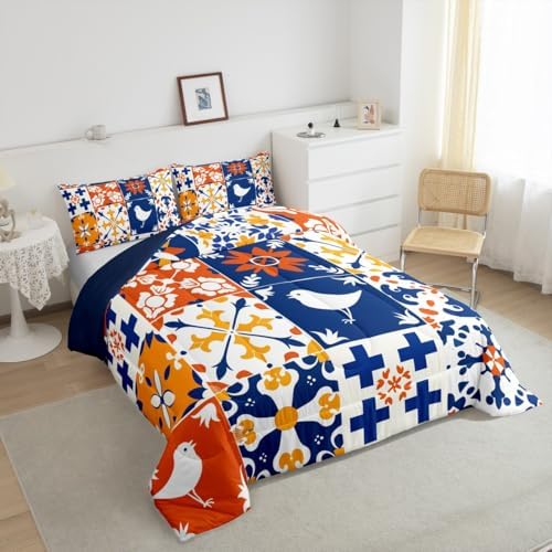 Erosebridal Colorful Mexican Tile Full Bedding Set - Mexico Talavera Tiles Comforter Set, Patchwork Vintage Flower Quilt for Kids Adults, Bohemian Aesthetic Bedroom Decor - 2 Pillowcases - Image 5