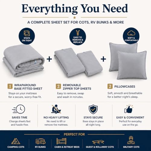 Zipper Cot Fitted Sheet, 28 x 75 Camping Cot Mattress Sheets, 400 Thread Count 100% Cotton, Includes 1 Wraparound Base, 2 Removable Zipper Top Sheets & 2 Pillowcases, 8 Inch Deep Pocket, Light Grey - Image 4
