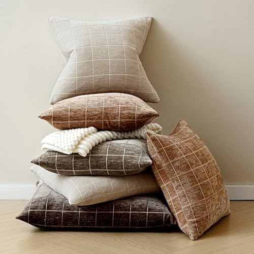 Decorative Chenille Plaid Boho Throw Pillow Covers Oatmeal 26x26 Set of 2 - Image 4