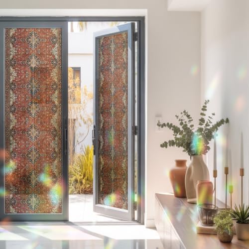 Brown Red Window Privacy Film Rainbow Static Cling Stain Glass Window Film for Glass Door, Decorative Heat Blocking Sunroof Decal Sticker for Car 23.6"x78.7" Vintage Boho Ethnic Geometric Abstract Art - Image 3