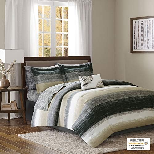 Madison Park Essentials Full Comforter Set, Bed in a Bag Full, Watercolor Print Coastal Comforter & Chambray Cotton Sheet Set, All Season Bedding Set, Saben, Taupe Full (78 in x 86 in) 9 Piece - Image 3