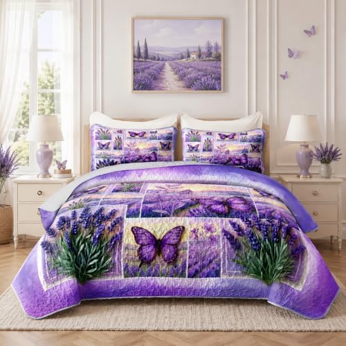 HOSIMA Lavender Butterfly Floral Patchwork Quilt Twin with 2 Pillowcases. by HOSIMA