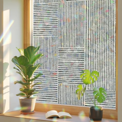Window Privacy Film Static Cling, Black Modern Striped Decorative Stained Glass Window Film for Floor-to-Ceiling Glass/Large Patio Doors, Grid Line Blocks Farmhouse 29.5 x 118 Inches by Pinroote