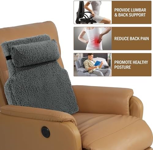 HOMBYS Sherpa Fleece Lumbar Support Pillow with Headrest for Recliner,Memory Foam Recliner Chair Cushion for Back Pain,Big High Back Support for Recliner with Chair Headrest for Elderly (Grey) - Image 2