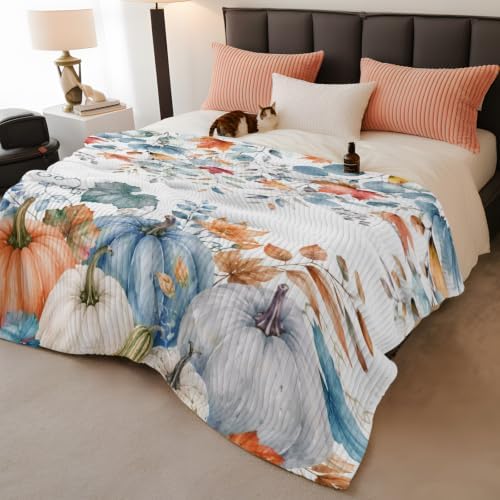 Fall Blue Pumpkins Throw Blanket, Thanksgiving Fluffy Soft Blankets for Couch Bed Travel, Autumn Orange Maple Leaves Plush Microfiber Striped Flannel Blankets, Lightweight Sofa Blankets 50"x60" - Image 3