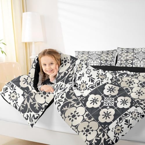 Erosebridal Mexican Talavera Tile King Bedding Set - Vintage Flower Mexico Comforter Set, Retro Floral Patchwork Quilt for Kids Adults, Exotic Ethnic Aesthetic Bedroom Decor - 2 Pillowcases - Image 4