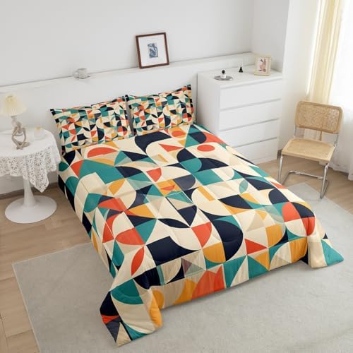 Erosebridal Teal Orange Geometric Toddler Bedding Set,Retro Abstract Aesthetic Comforter Set for Kids Room Decor,Colorful Quilt Bed Set Boho Style Down Comforter 2Pcs - Image 3