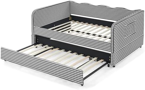 3 in 1 Full Daybed with Pop Up Trundle, Convertible Gingham Upholstered Sofa Bed with Side Storage Pockets, Extendable Guest Bed Frame for Teens Adults Bedroom Living Room, Black - Image 6